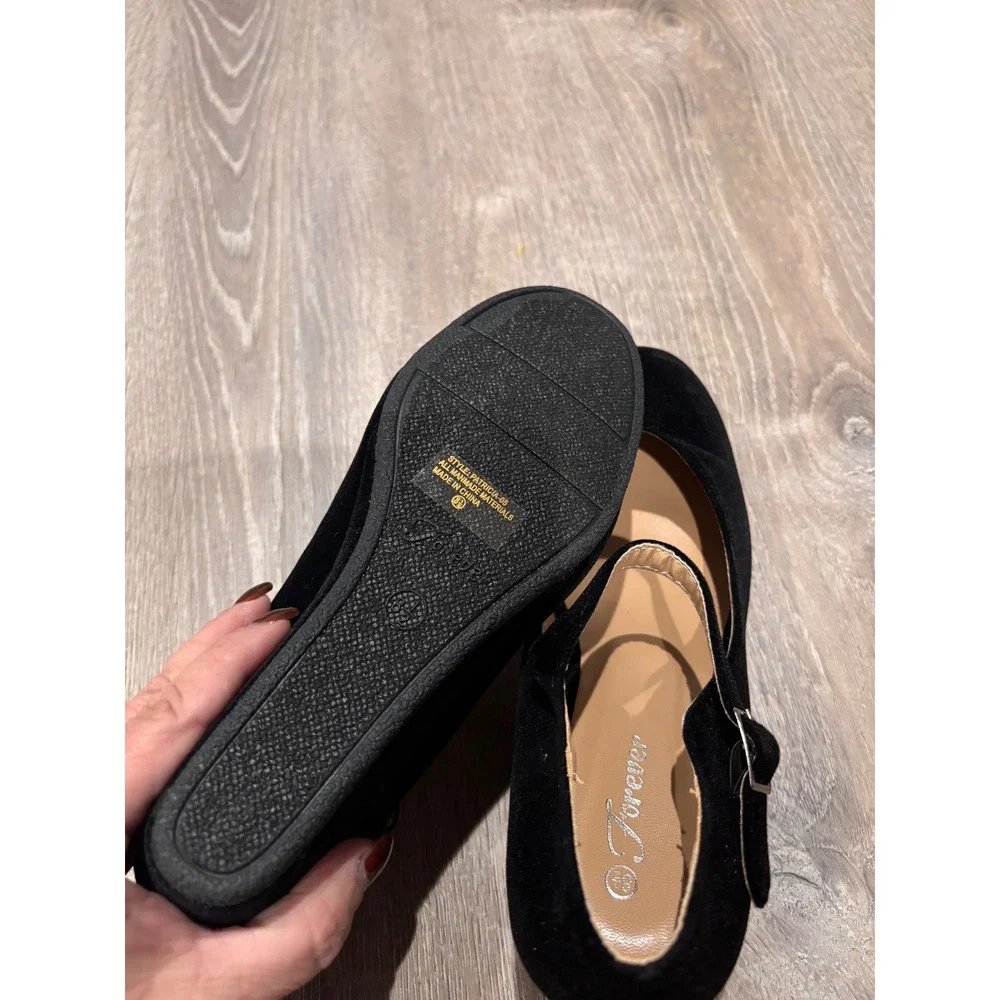 Forever Mary Jane‎ Wedge Heels Black Suede Ankle Strap Platform Pumps Shoes